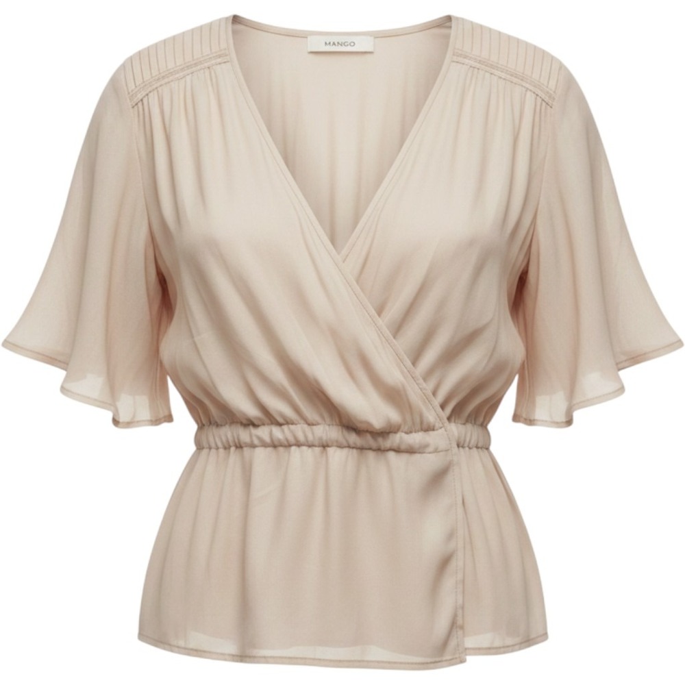 Mango NWT Blush Pink V-Neck Wrap Peplum Blouse Flutter Sleeve Top Size S
